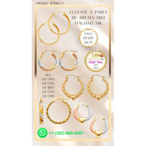 Promoción Especial 4 Pares de Aretes de Oro Italiano 14k B30073