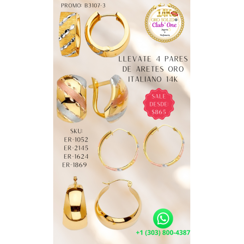 Descuento Especial 4 Pares de Aretes de Oro Italiano 14k B31073