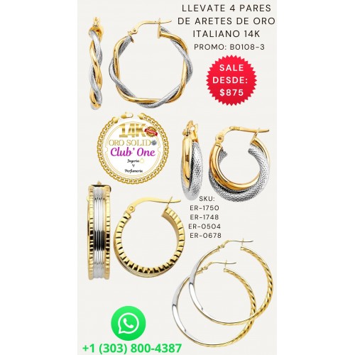 Oferta Limitada 4 Pares de Aretes de Oro 14k