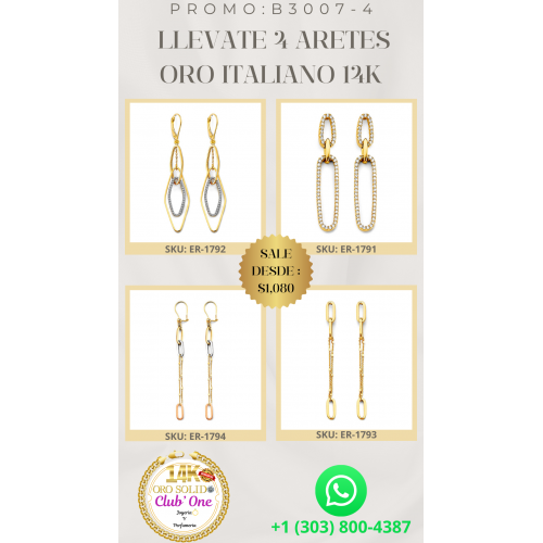 Pack de 4 Aretes de Oro Italiano 14k en Promoción