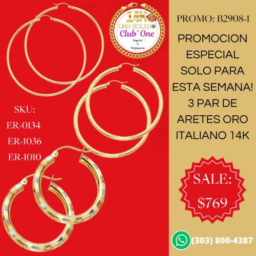 Aretes de Oro Italiano 14K Oferta 3x1 en Promoción Especial B29081